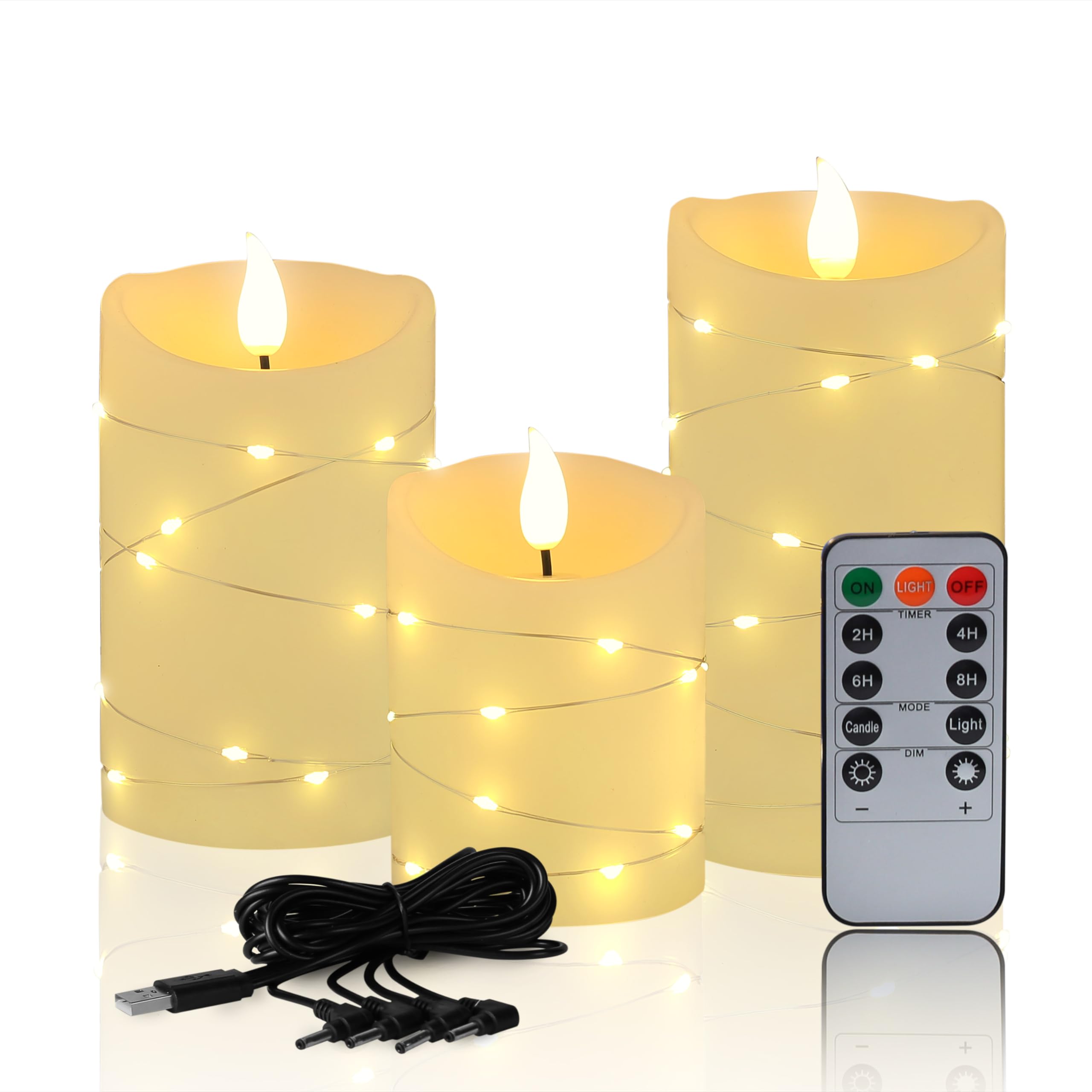 Flameless candles rechargeable embedded light string LED candles USB powered candles 11 key remote control electronic candles 24-hour timer function flashing flame candles 3-piece set (Ivory)