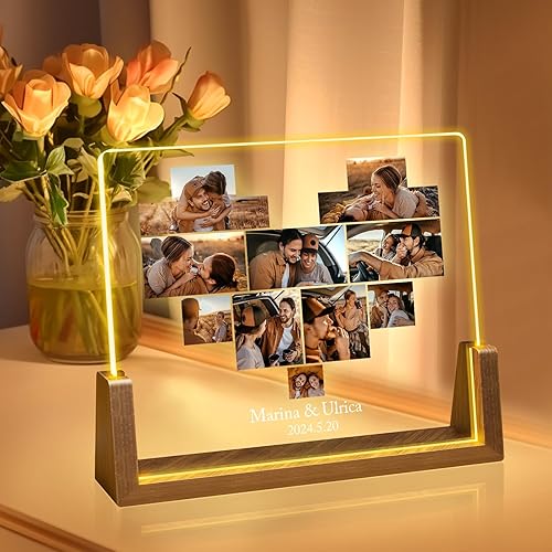 Regalos de Placa Personalizados, Placa Acrílica Personalizada con Foto, Regalos del Día del Aniversario para Parejas, Marco de Nogal Siete Colores