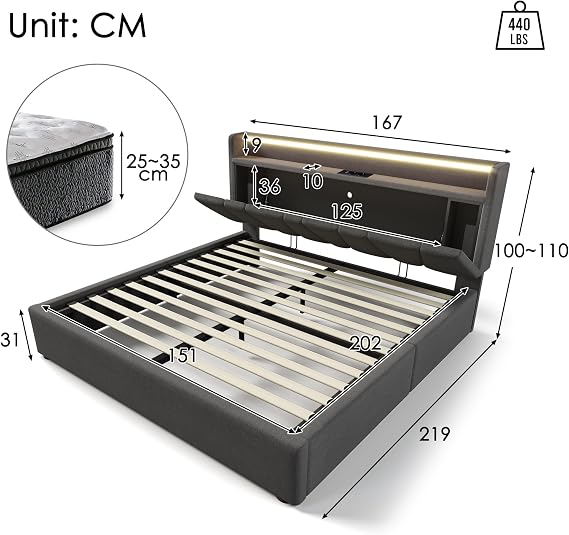 Miyemo King Size Bed Frame with Storage & Headboard, 5ft Upholstered Ottoman Bed Frame with Charging-Port & LED-Lighting, Wooden Slatted, Linen, 150 * 200cm, Grey, (No Mattress)