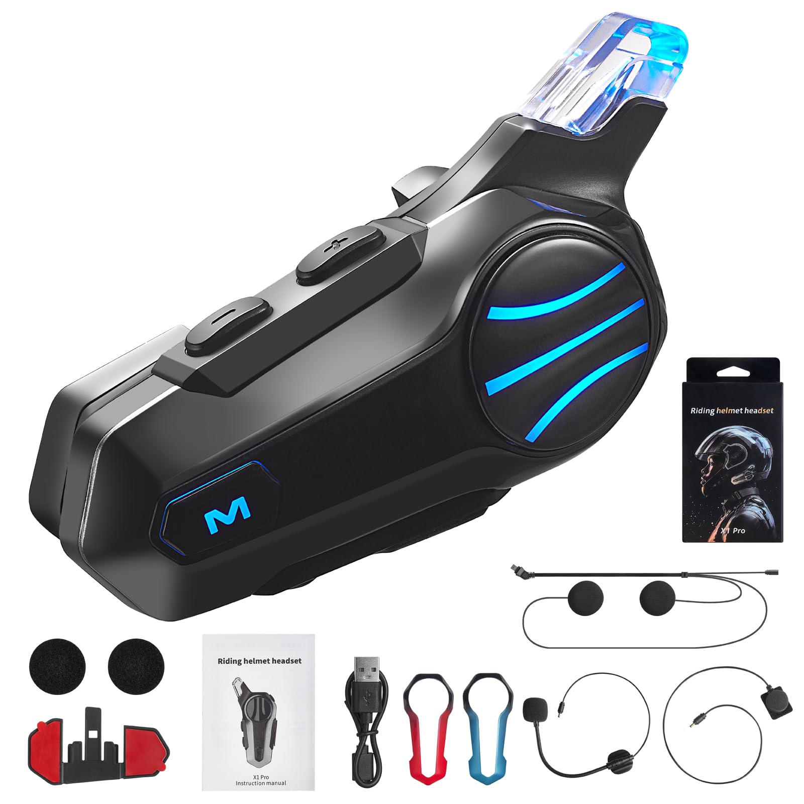 Motorcycle Bluetooth Headset, Helmet Communication System IP67 Waterproof, BT 5.4, HD Speakers, Noise Cancellation, Hands-Free Calls/Music, 2 Mics, 3 Faceplates
