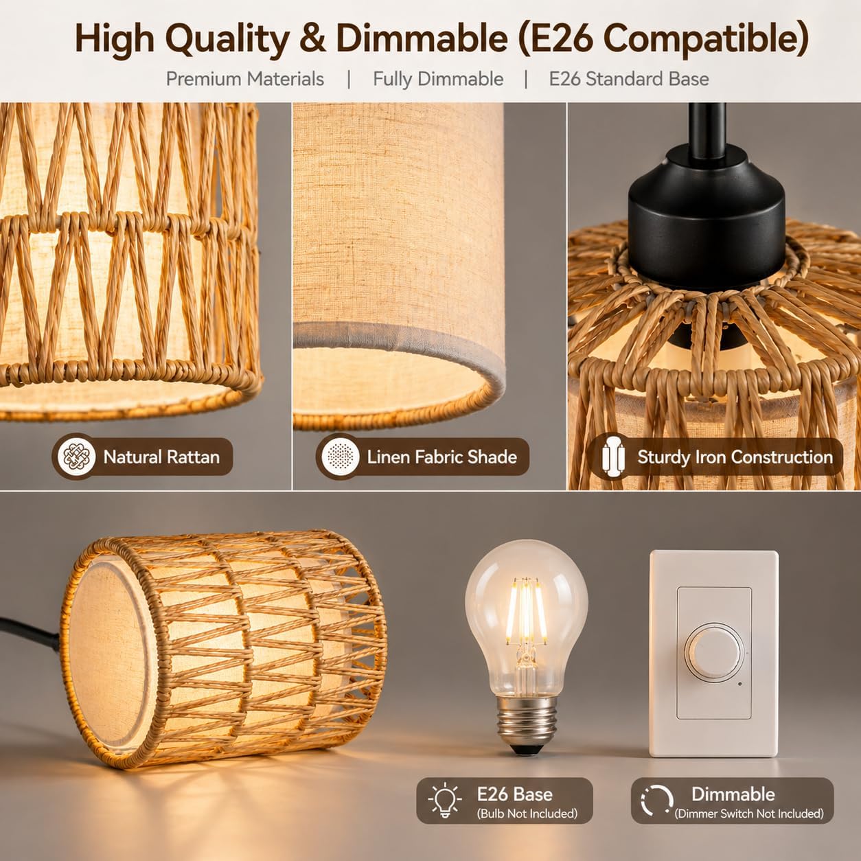 Rattan Pendant Light, 6 Inch 2-in-1 Boho Hanging Fixture with Iron Rods & Linen Shade, Adjustable Height & Sloped Ceiling Compatible for Kitchen Island Dining Room Farmhouse Bedroom, 1 Pack