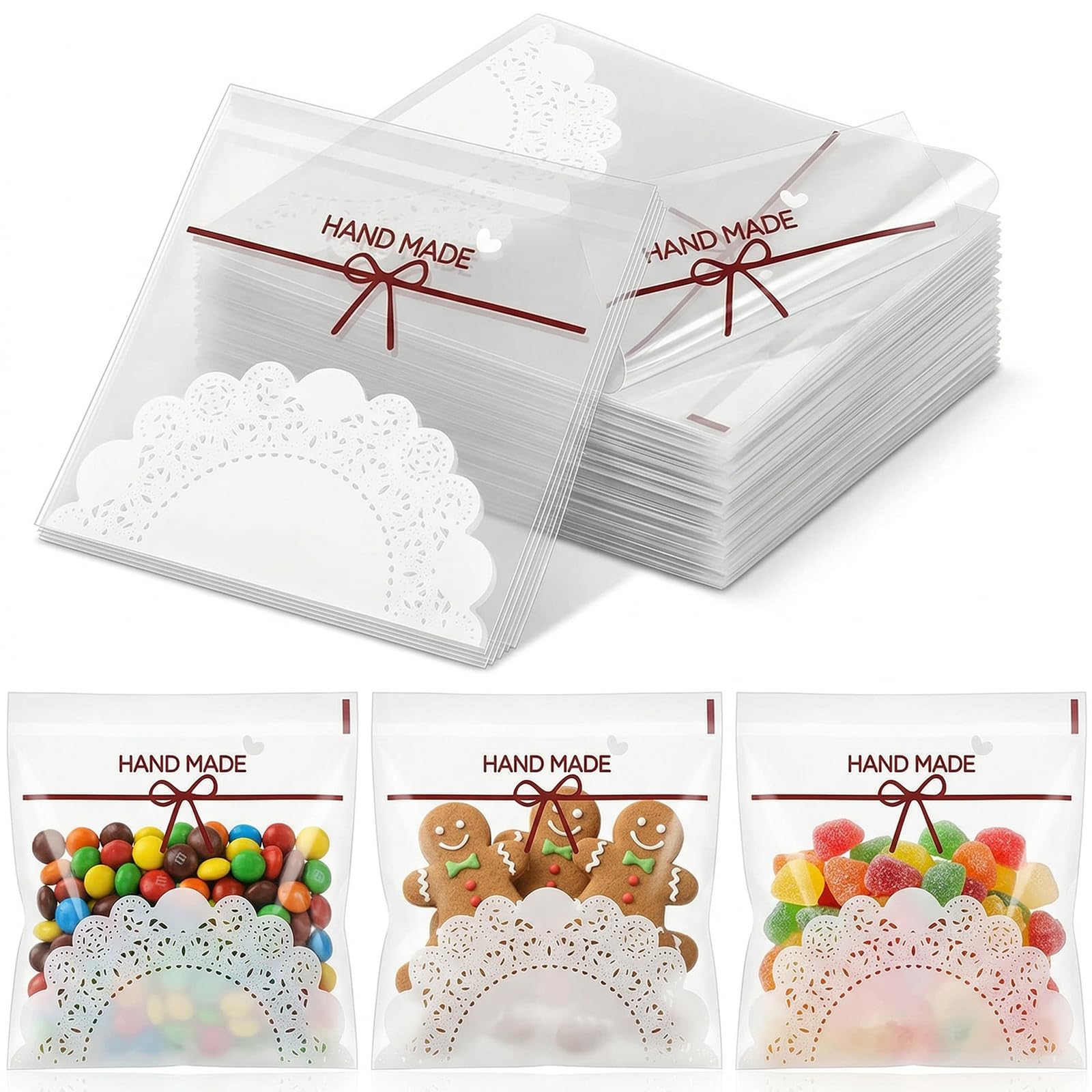 TOPZEA 500 Pcs Clear Self-adhesive Cookie Bags with Lace Bowknot, 5.5" x 5.5" Plastic Cute Treat Bags Individual Candy Dessert Wrapper Bag Wedding