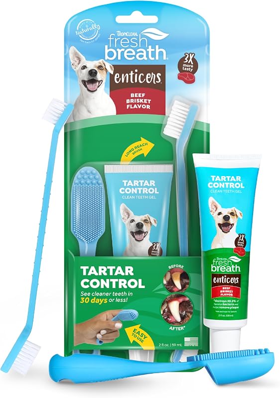 Kit de Higiene Bucal para Cães TropiClean com Gel Sabor Peito Bovino Defumado e Escovas, 56 g