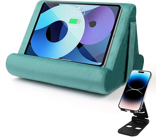 Soporte para tablet multiángulo con cojín suave y bolsillo de red, soporte universal para teléfono y almohadilla para regazo, rodilla, sofá y cama