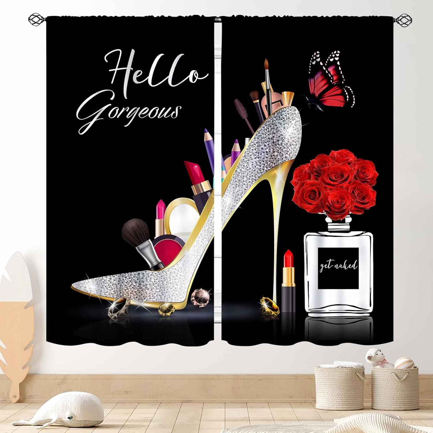 Fashion Curtains, Black White Stripe Pink Perfume High Heels Magazine Books Rose Floral Cosmetics Makeup Modern Romantic Window Drapery for Girls Women Bedroom Living Room Bathroom, 42"x54" Inch