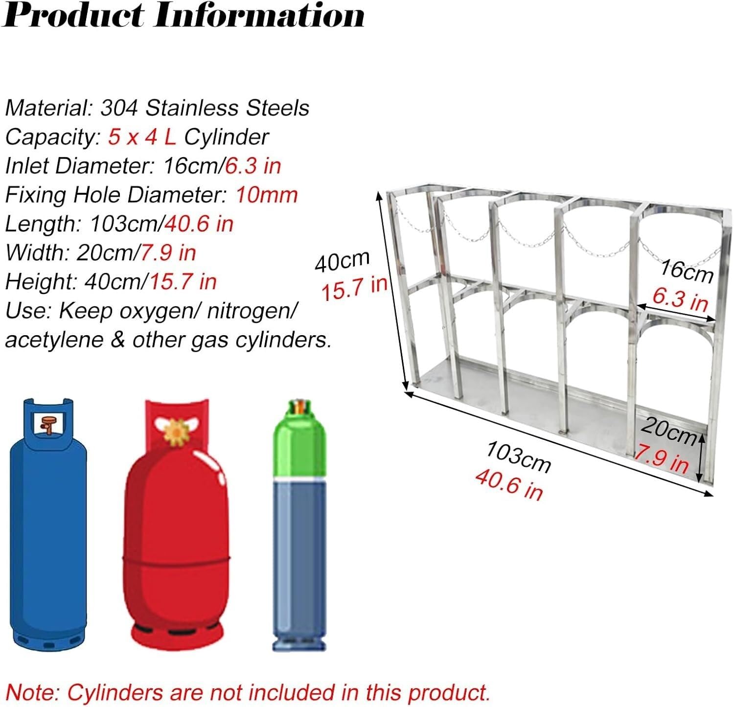 Estante para cilindros de oxígeno de 4 L, estante de almacenamiento de cilindros de gas, estante fijo de acero inoxidable resistente para cilindros de gas y estante fijo para cilindros de gas clínico