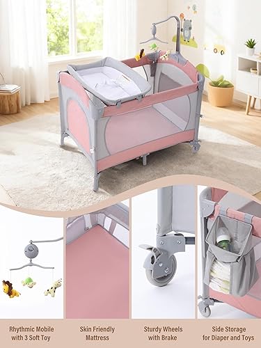 Miniatura 7 de Cuna 5 en 1 para bebé, moisés junto a la cama, empacar y jugar con moisés y cambiador, corralito portátil de viaje para bebé con juguetes y caja de