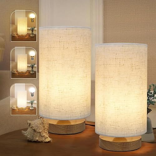 Minimalist Bedside Table Lamps for Bedrooms Set of 2, 3 Color Temperature Bedside Lamps with Round Fabric Linen Shade,Small Desk Lamp Night Nightstand Lamp Set for Living Room, Reading ,Office