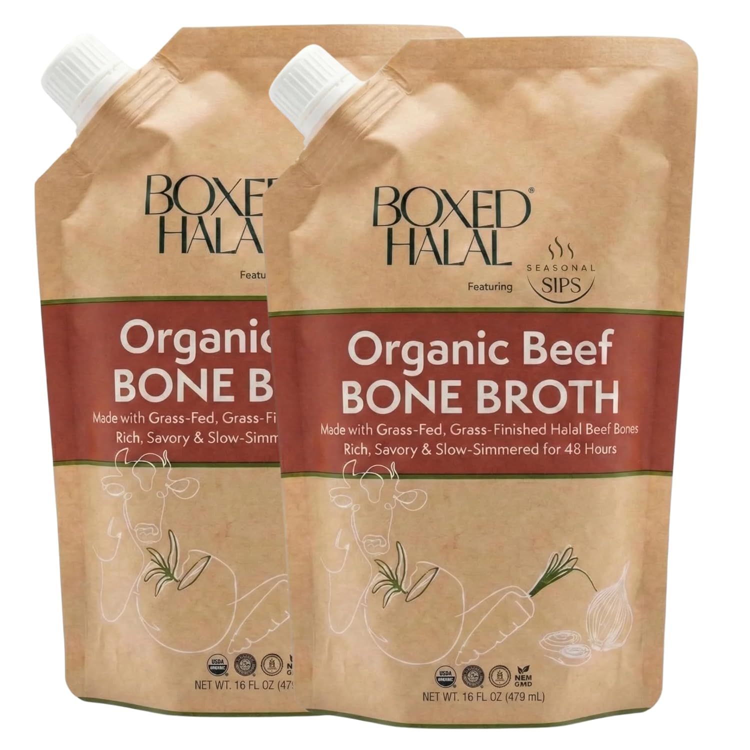 Boxed Halal Organic Beef Bone Broth 2-Pack, No Antibiotics or Hormones, Zabihah Halal, 48 Hour Simmered, High Collagen and Protein, Clean Ingredients, Keto and Fasting Friendly