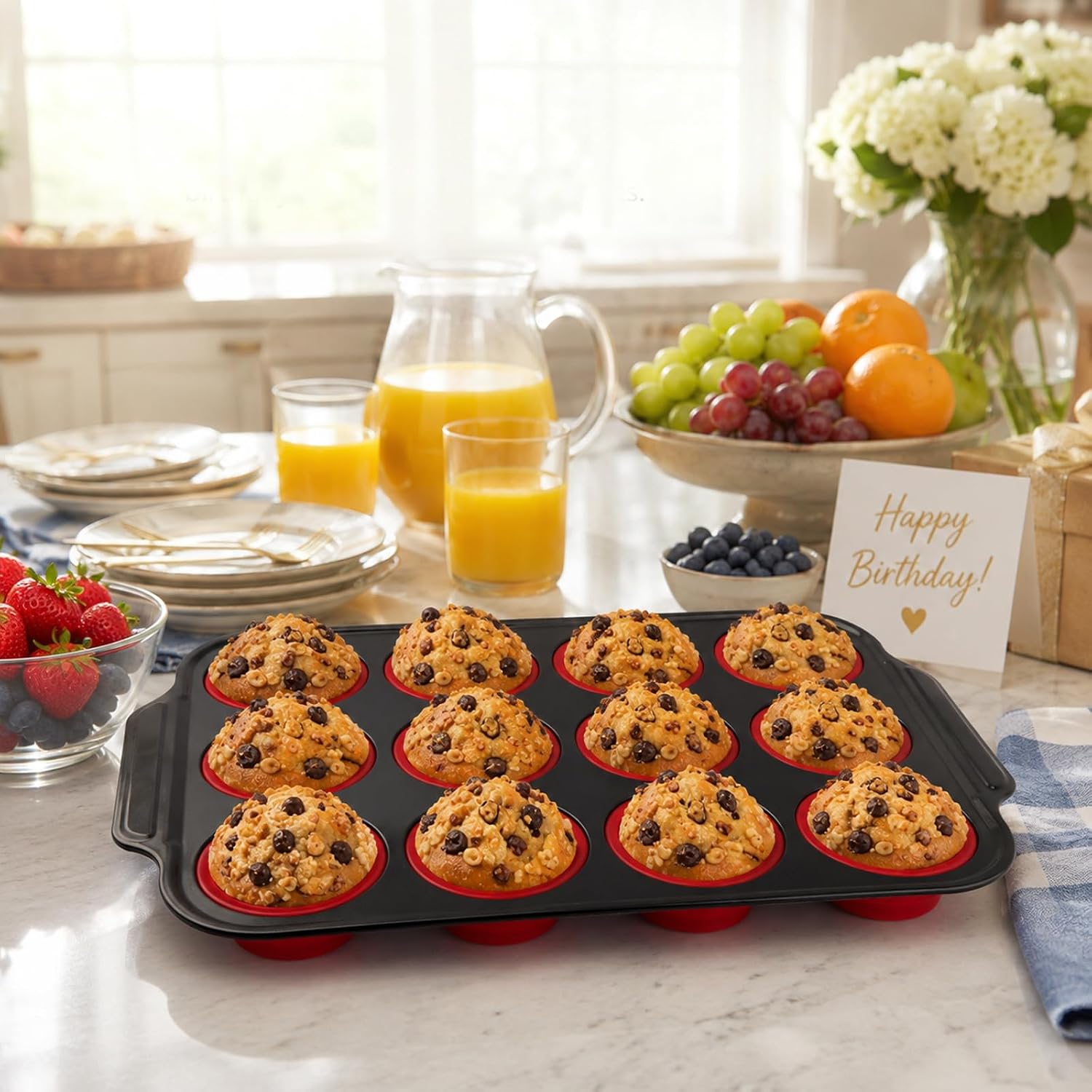 12-Cup Silicone Muffin Pans, Nonstick Egg Bite Molds for Baking, Food-Grade Cupcake Pan for Oven, Microwave, Dishwasher Safe, BPA-Free, Silicone Baking Mold for Muffins, Cupcakes, Egg Muffins, Red