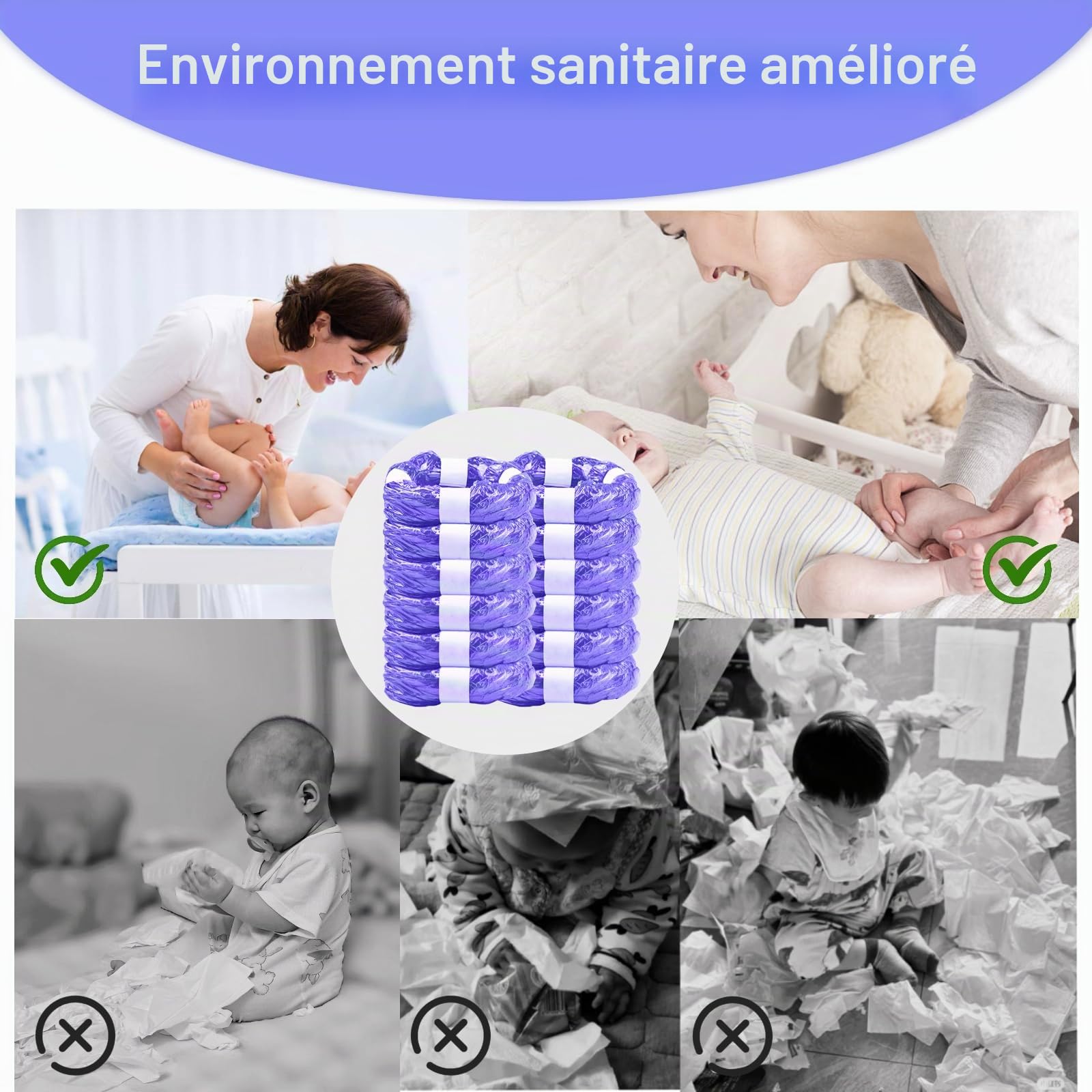 Lot de 12 Recharge Poubelle à Couches, 4,5M Sac Poubelle Couche Grande Capacité Étendu Épaissi Recharge, Bebe Recharge Sac Poubelle Couche Compatible avec Tommee Tippee, Angelcare, Violet