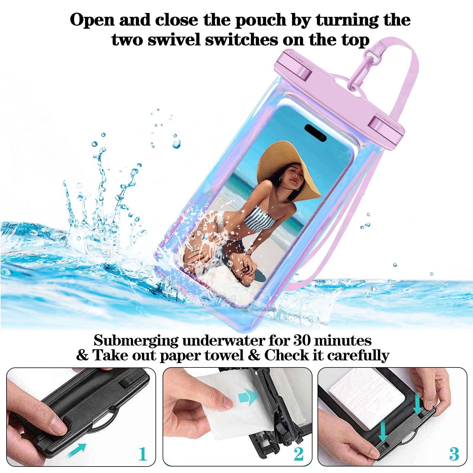 Famoby Paquete de 4 bolsas impermeables iridiscentes para teléfono, funda impermeable para teléfono celular, nivel de protección: IP68, crucero por la playa para iPhone, Samsung y más, cordón incluido