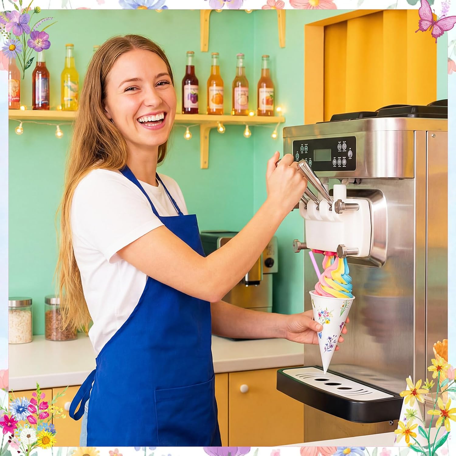 Honeydak 50 Pcs Spring Floral Snow Cone Cups with Spoon Straws 6 oz Disposable Watercolor Plant Leakproof Paper Cups for Shave Ice Cream Slush Sorbet Spring Party Treats