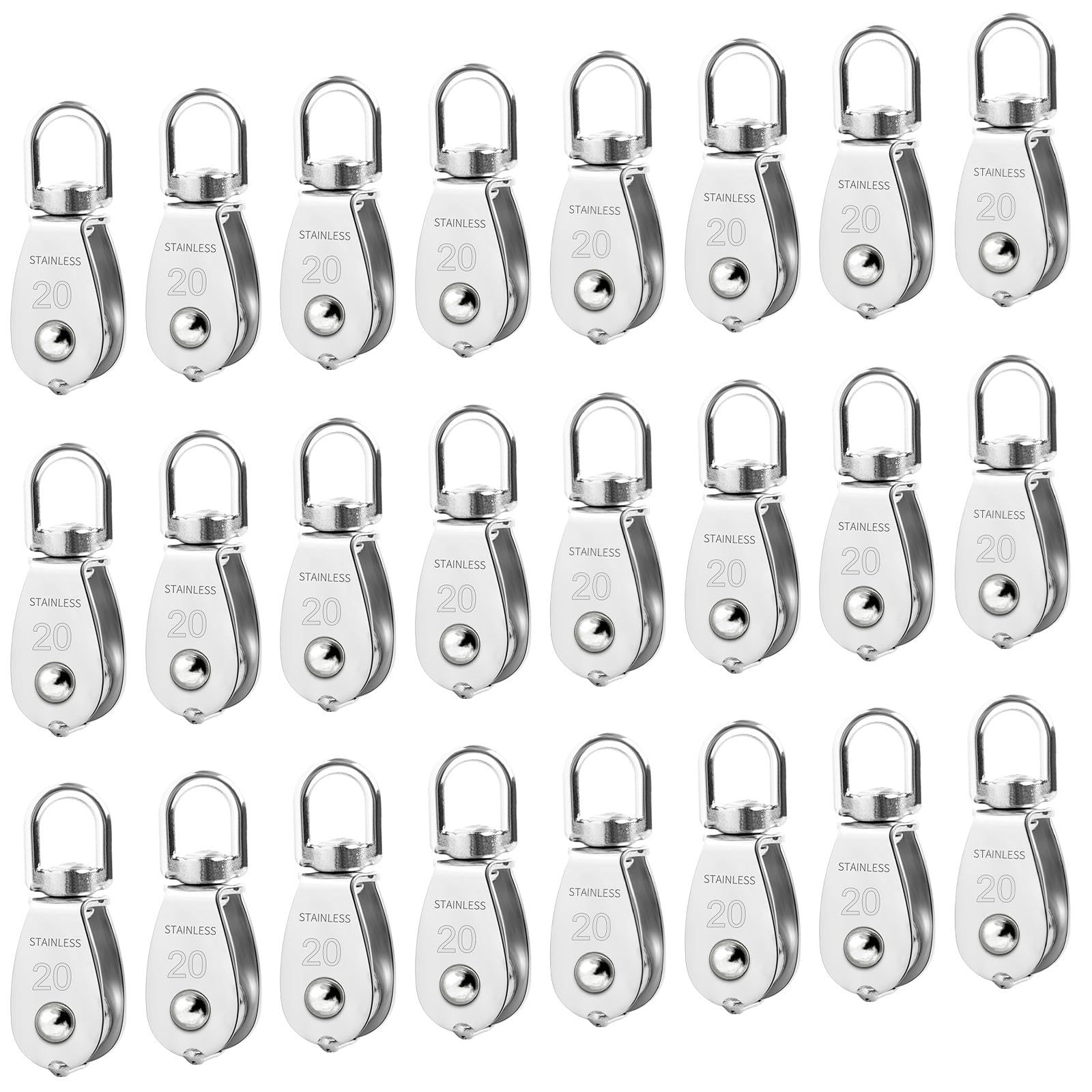 24 Pack M20 Single Pulley Block, 304 Stainless Steel Wire Rope Cable Pulley, Heavy Duty Swivel Pulley Wheel Hanging Wire Towing Wheel for Lifting