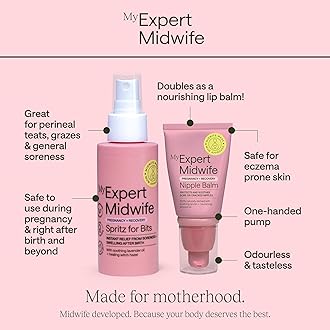 My Expert Midwife Bits and Nips - Birth Prep & Recovery Duo with Spritz for Bits Postnatal Relief Perineal Spray and No Harm Nipple Balm Nipple Cream (Pack of 2)