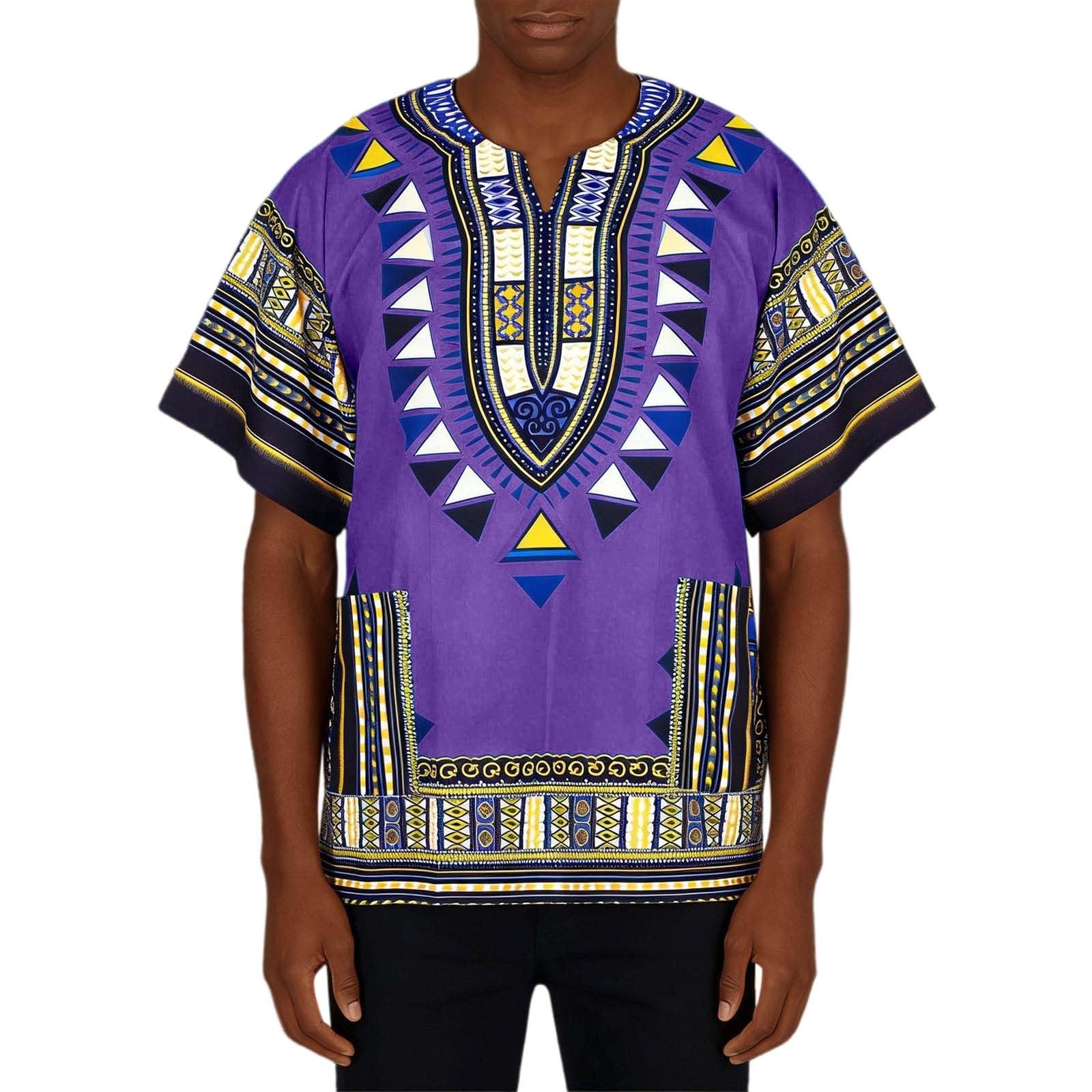 Tobysper Men's Harilla African Dashiki T-Shirts Traditional Floral Print Cotton Shirt Colourful Tribal Summer Clothing Loose Fit Summer Short Sleeve Ethnic Kaftan, O purple, XL