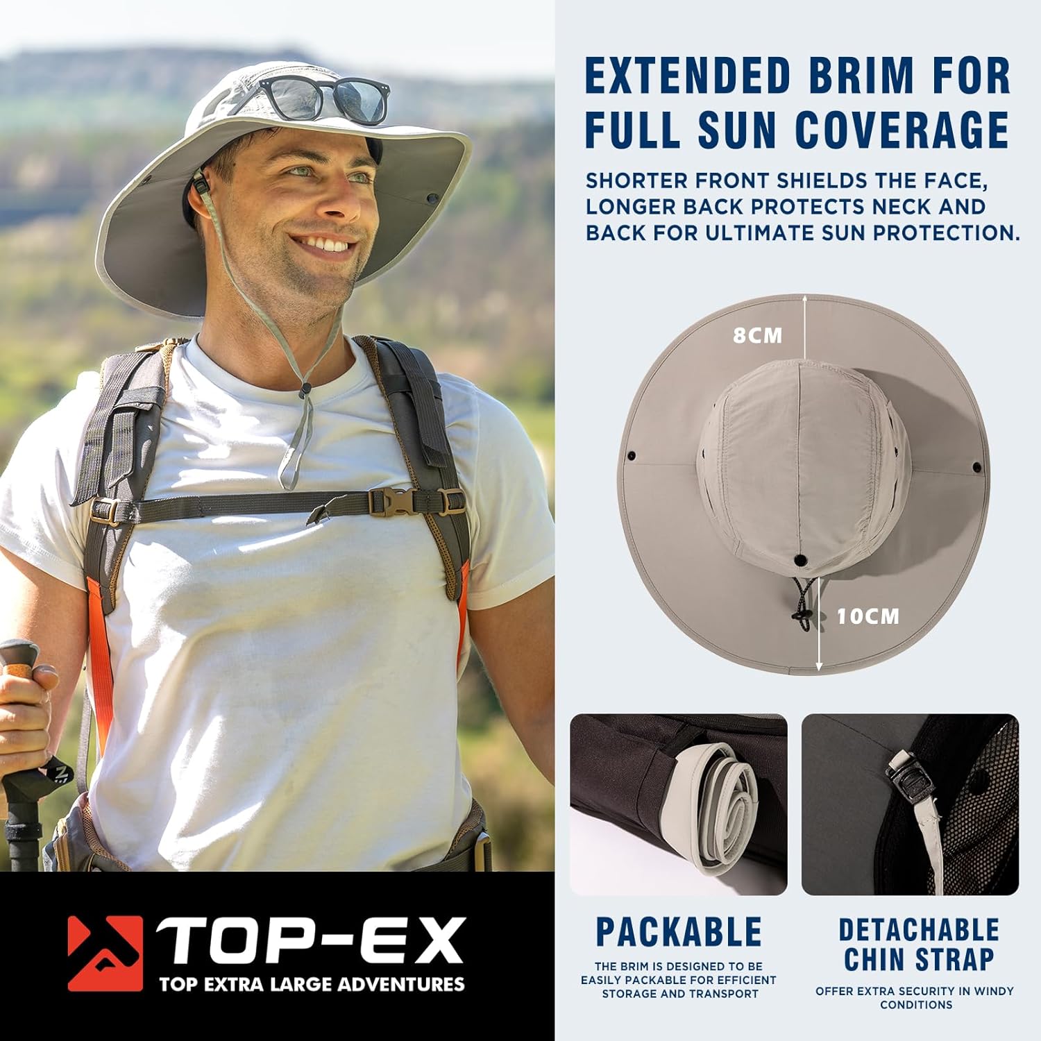 TOP-EX Oversized XL XXL Wide Brim UPF50+ Breathable Waterproof Foldable Hiking Outdoors Sun Hats for Men Women - Image 4
