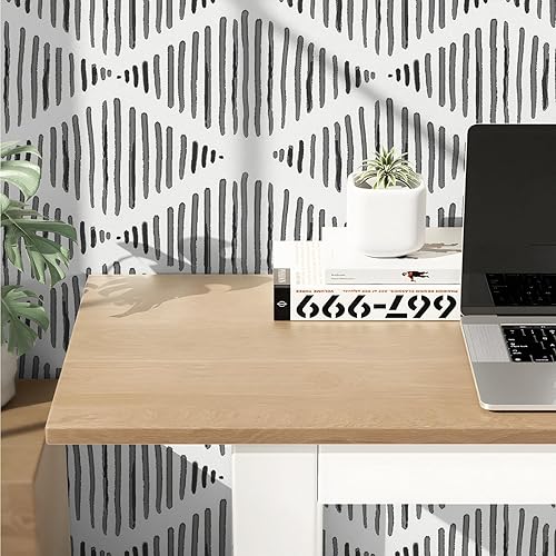Miniatura 3 de Papel tapiz moderno en blanco y negro de 17.3 x 120 pulgadas, diseño de rayas geométricas, papel de contacto autoadhesivo extraíble, papel de pared