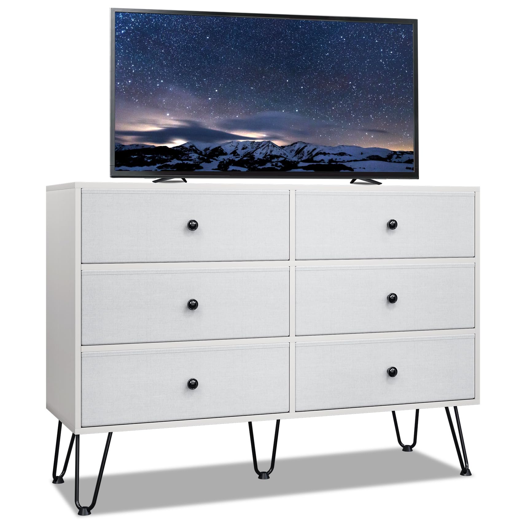TC-HOMENYTC-HOMENY Dresser for Bedroom with 6 Drawers, Fabric Dresser Storage Organizer,Wide Chest of Drawers with Fabric Bins, Sturdy Wooden Frame for Living Room, Closet, Hallway, Nursery (Bright White)