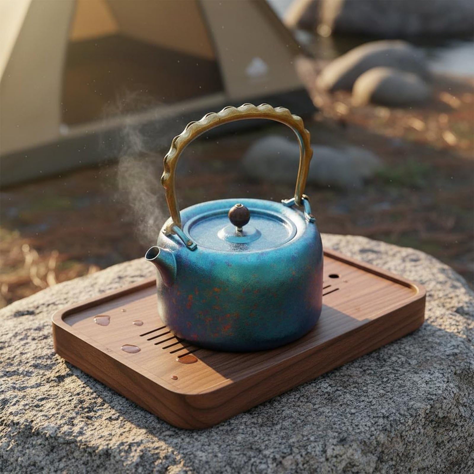 Tetera de Viaje al Aire Libre Tetera Hervidor Jarra Olla de Camping de Titanio con Servido Suave y Construcción Simple Adecuada para Viajes Terraza Regalo, Array, Amarillo Dorado