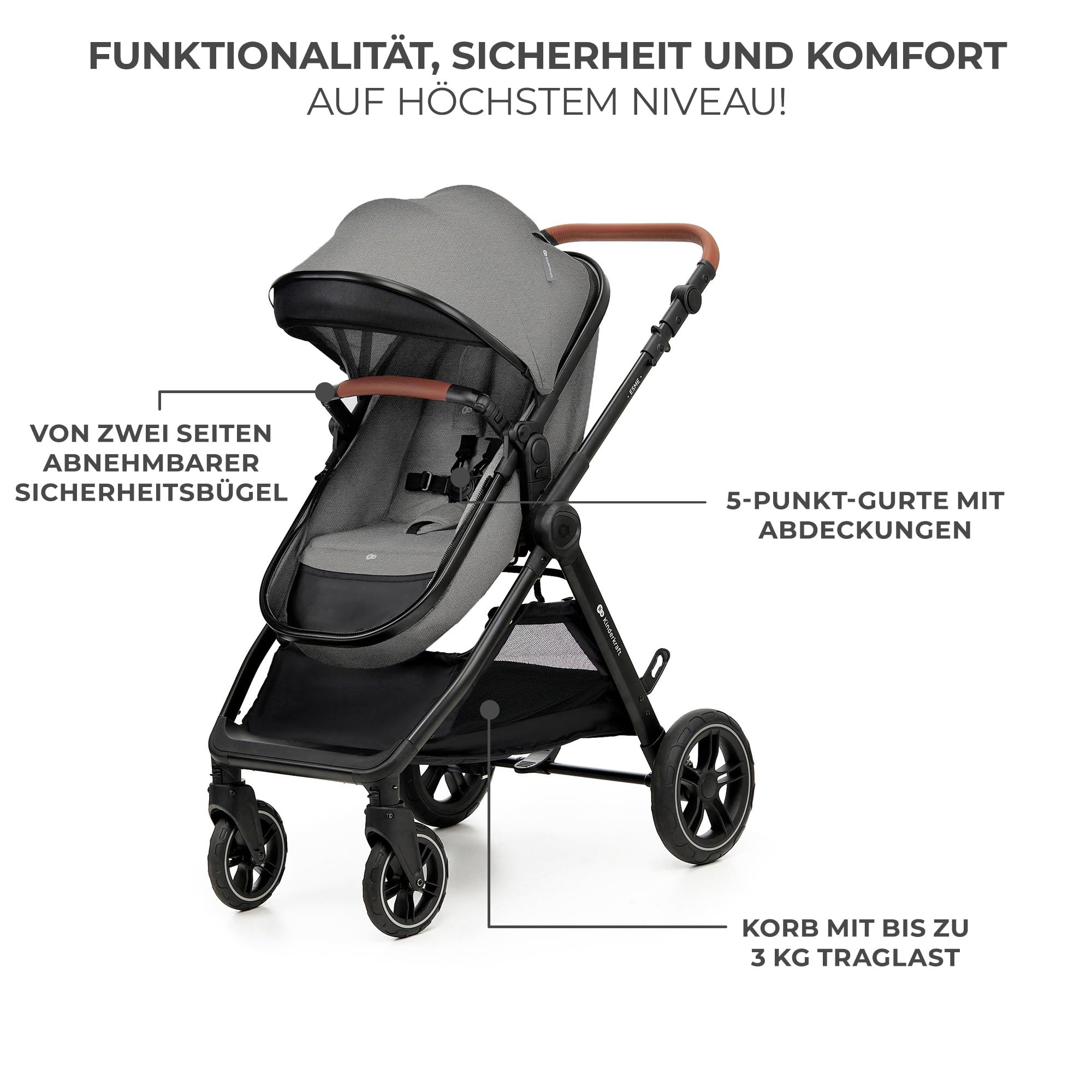 Kinderkraft ESME Kinderwagen 3 in 1 Komplettset bis 26 kg, Kombikinderwagen Reisesystem mit Babyschale I-size 40-75 cm, Zusammenklappen, Liegeposition, Grau
