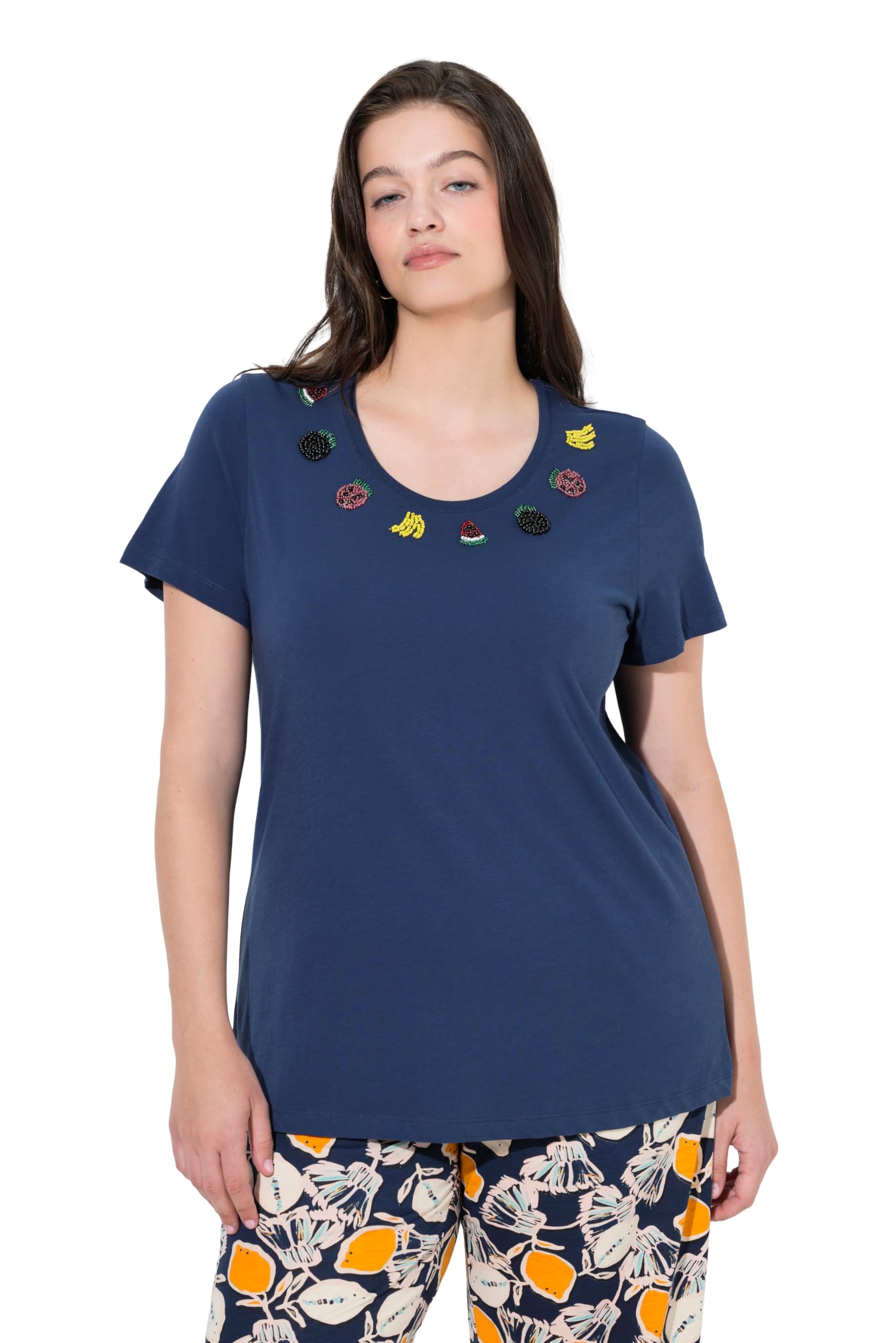 Ulla Popken Damen große Größen Übergrößen Plus Size T-Shirt, Perlenfrüchte, Rundhals, Halbarm, Biobaumwolle 847536