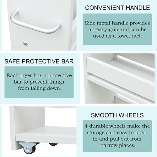 Miniatura 7 de MARTY Carrito de almacenamiento rodante de 7.9 pulgadas de ancho, carrito de cocina blanco de 4 niveles con ruedas, carrito de almacenamiento
