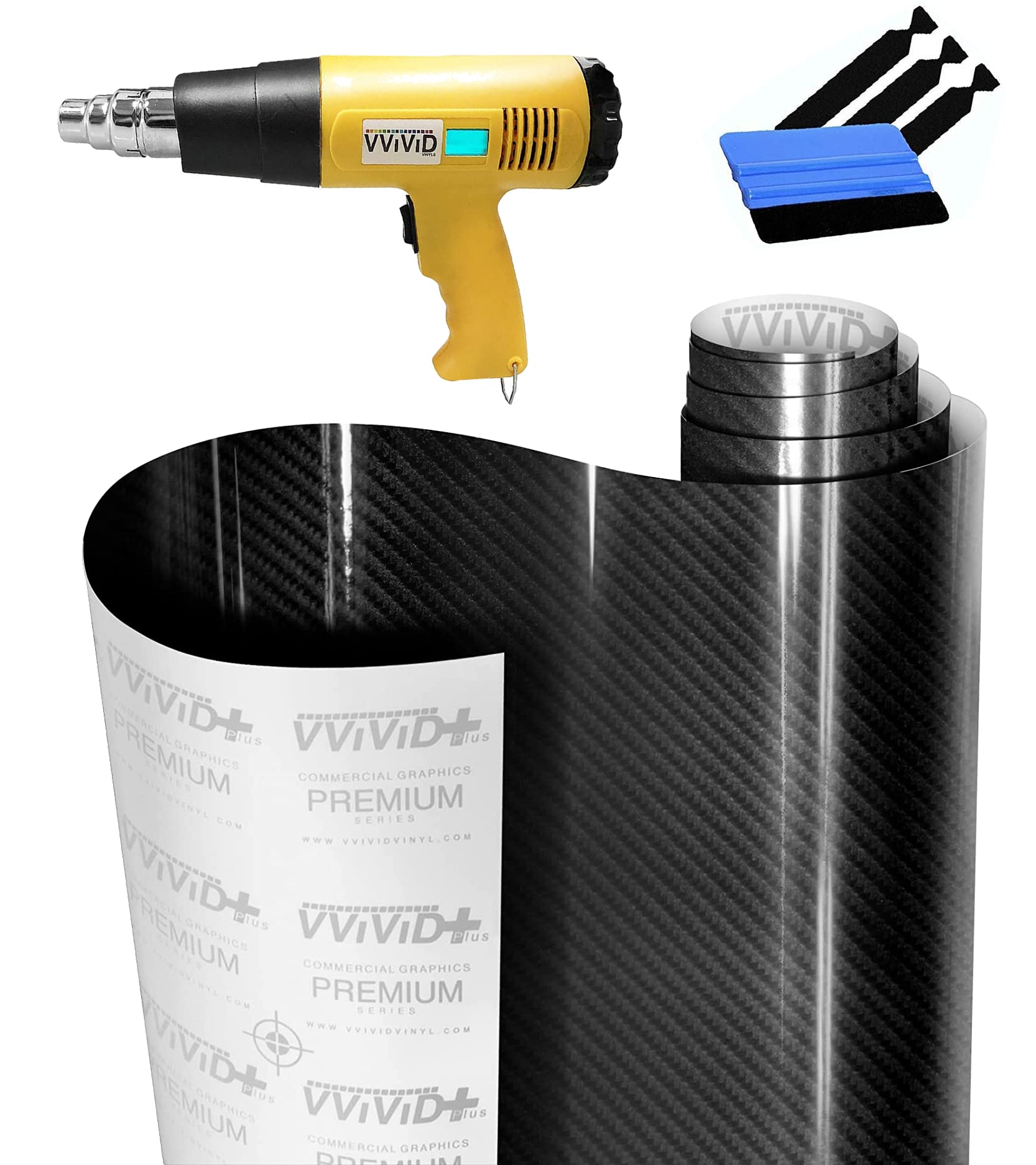 VViViD Black Carbon Gloss Tek R Hood/Roof Bundle (6ft x 5ft, Heat Gun, Detailer Toolkit) - J0