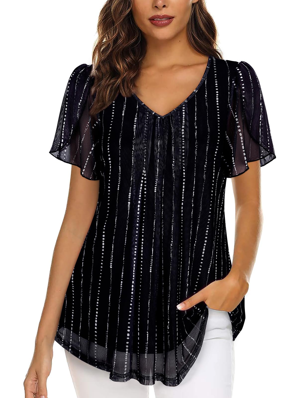 Misyula V Neck Short Sleeve Double Layers Elastic Mesh Blouse Casual Flowy Tunic Tops