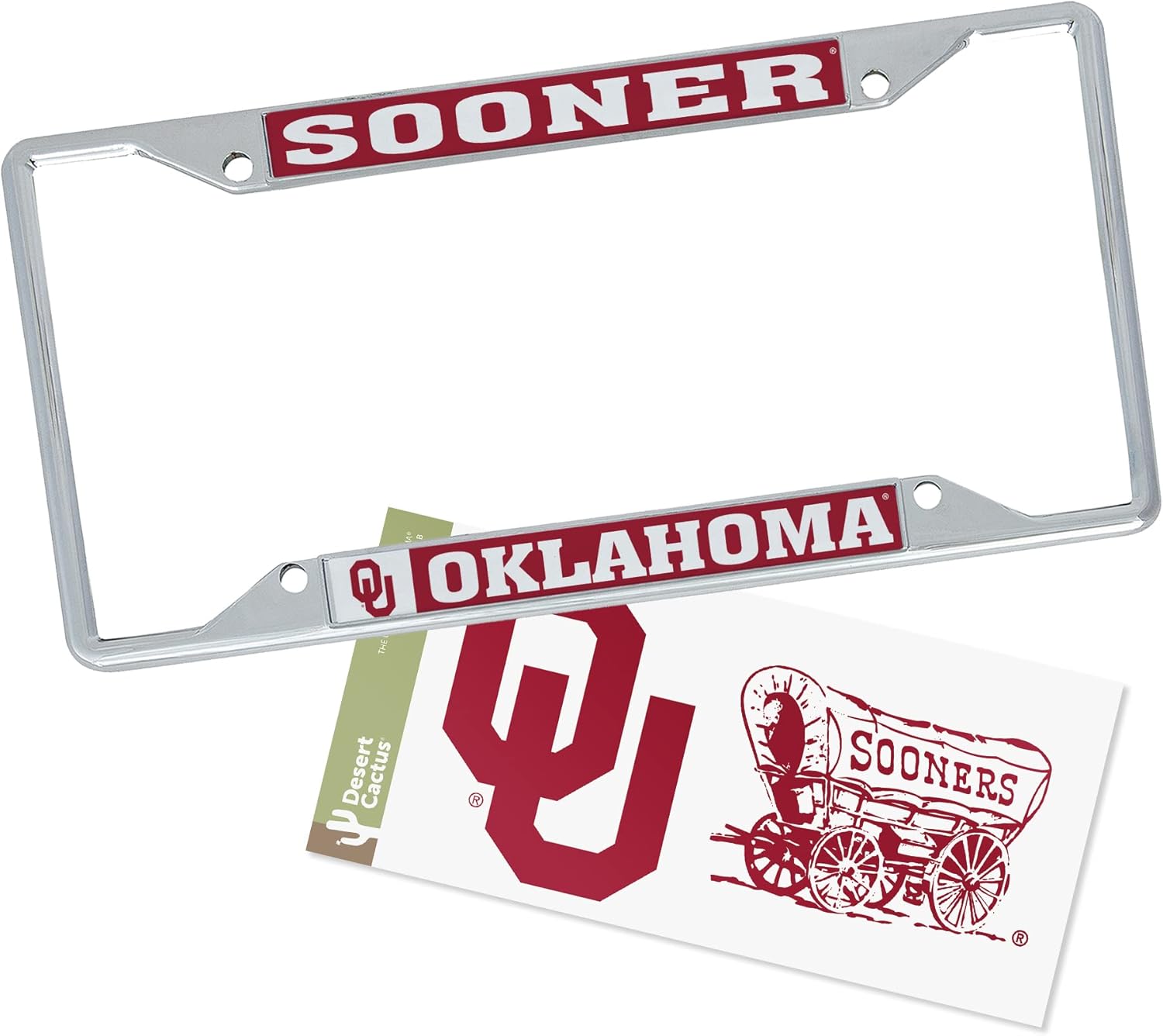 Desert Cactus University of Oklahoma License Plate Frame and Sticker Car Tag Holder for Front or Back of Car Officially Licensed Metal (Sticker Frame Combo - Mascot)