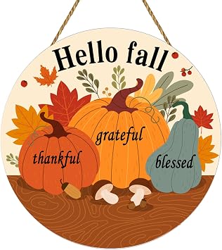 Hello Fall Sign Round Wooden Pumpkin Door Decorations for Thanksgiving.