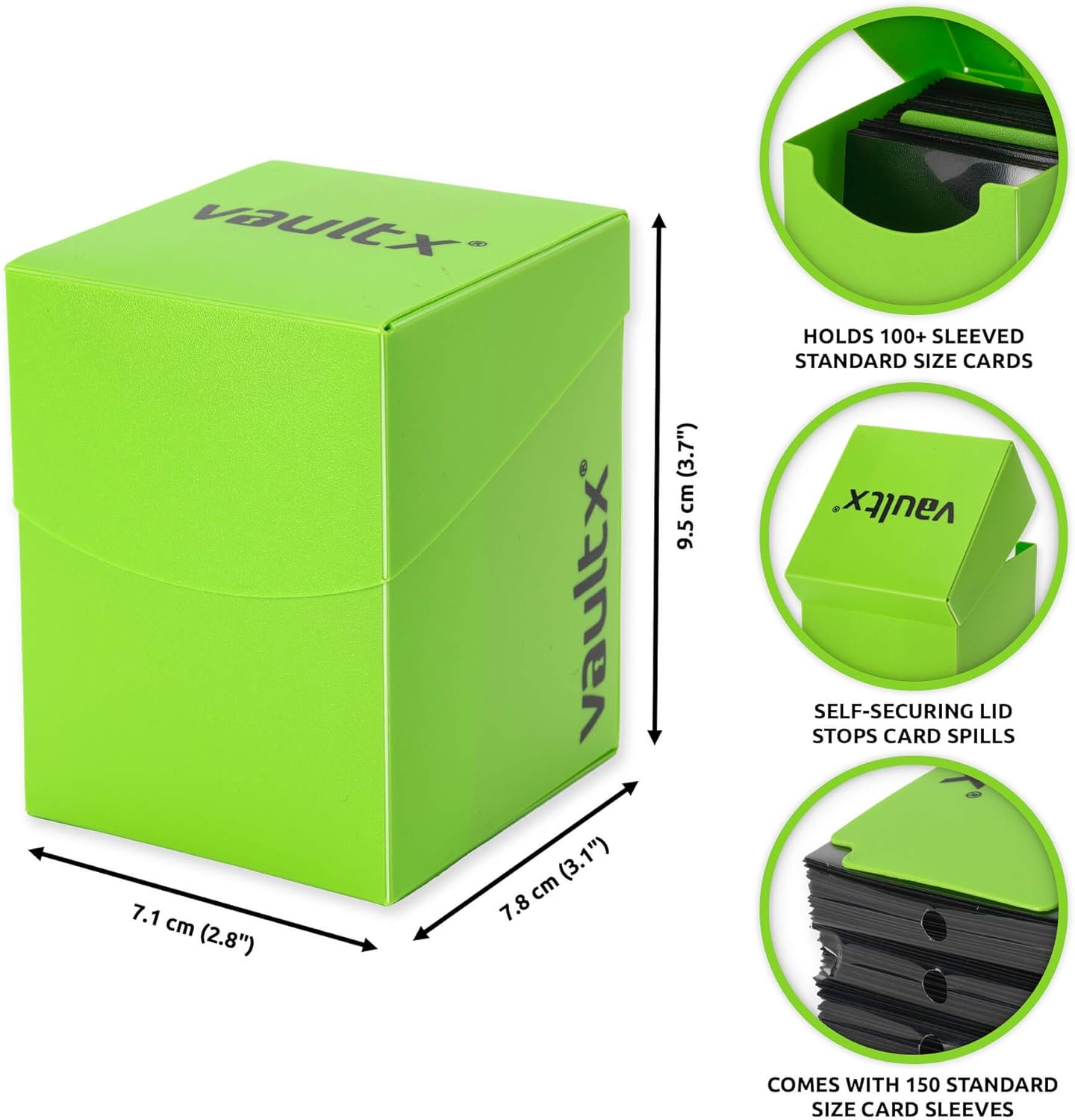 Vault X Trading Card Deck Box and 150 Black Card Sleeves, fits 100+ Sleeved Cards, Large Standard, Holder Storage Box, for MTG Commander Game, TCG (Green)
