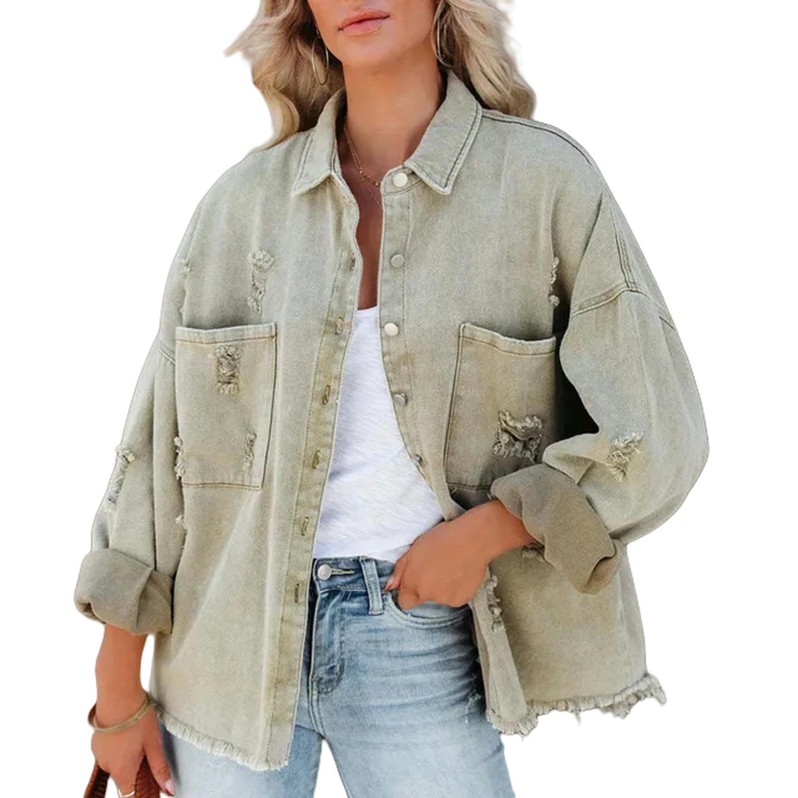 Giacca Uomo Giacche di Jeans Strappate da Donna A Manica Lunga Abbottonati Giuli Sciolti Giacche da Ragazza in Jeans