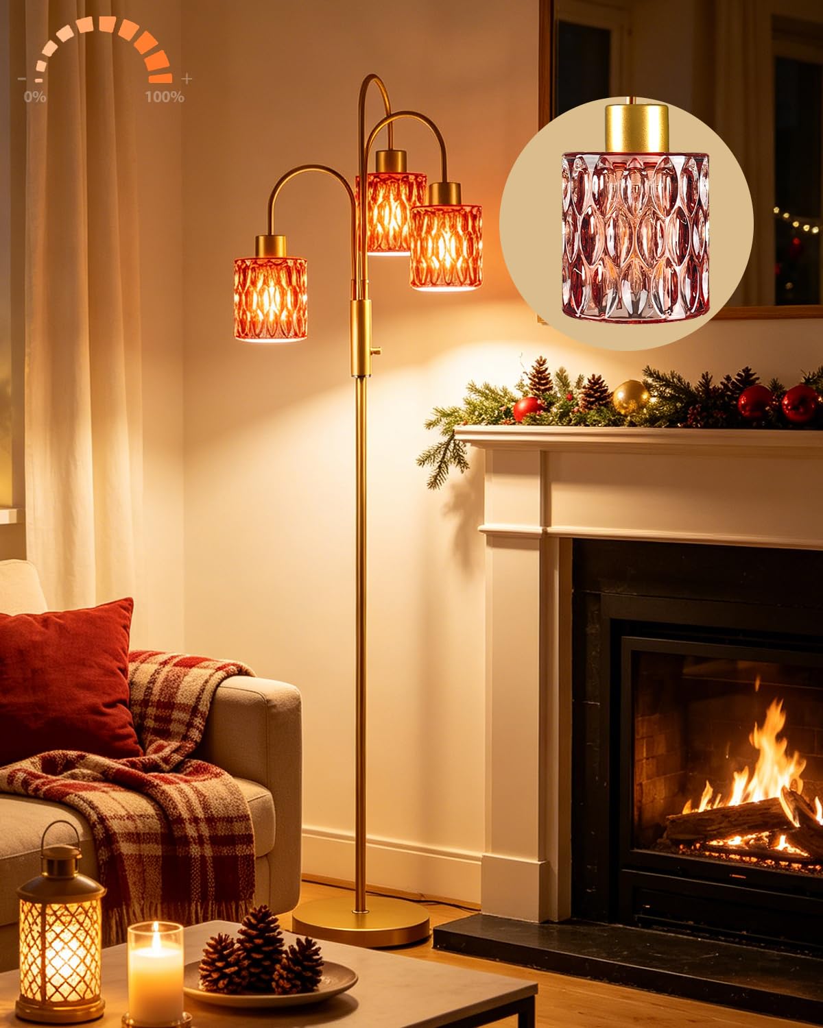Red Glass Floor Lamp 3-Light 70" Gold Dimmable Modern Tall Standing Lamps