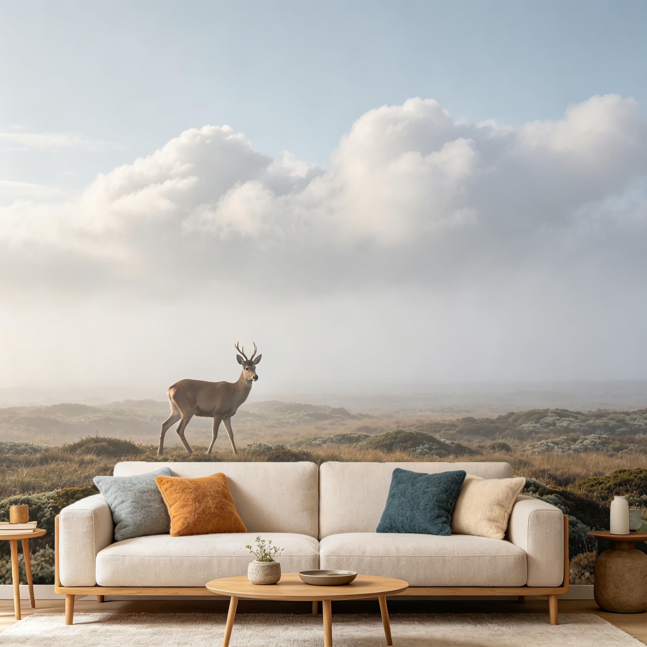 Custom Size Wall Mural Landscape Wildlife Deer Misty Morning Nature Scenery SelfAdhesive Art Prints wall Fabric（No PVC） Removable Wallpaper Home Bedroom Decor