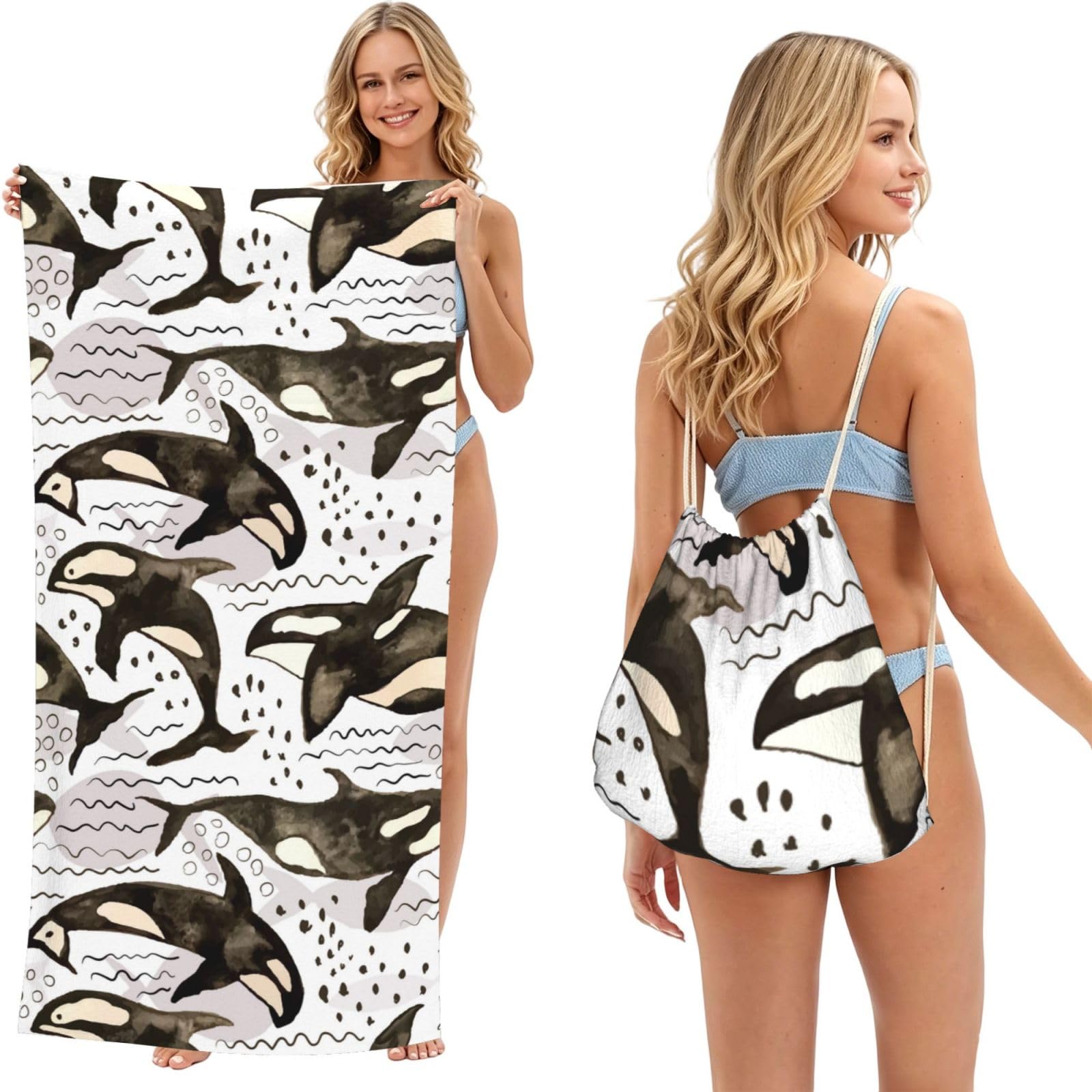 Poadnly As Picture Watercolor Orcas, 2 In 1 Packable Towel Bag, Beach Towels With Drawstring Backpack For Travel Holiday Camping