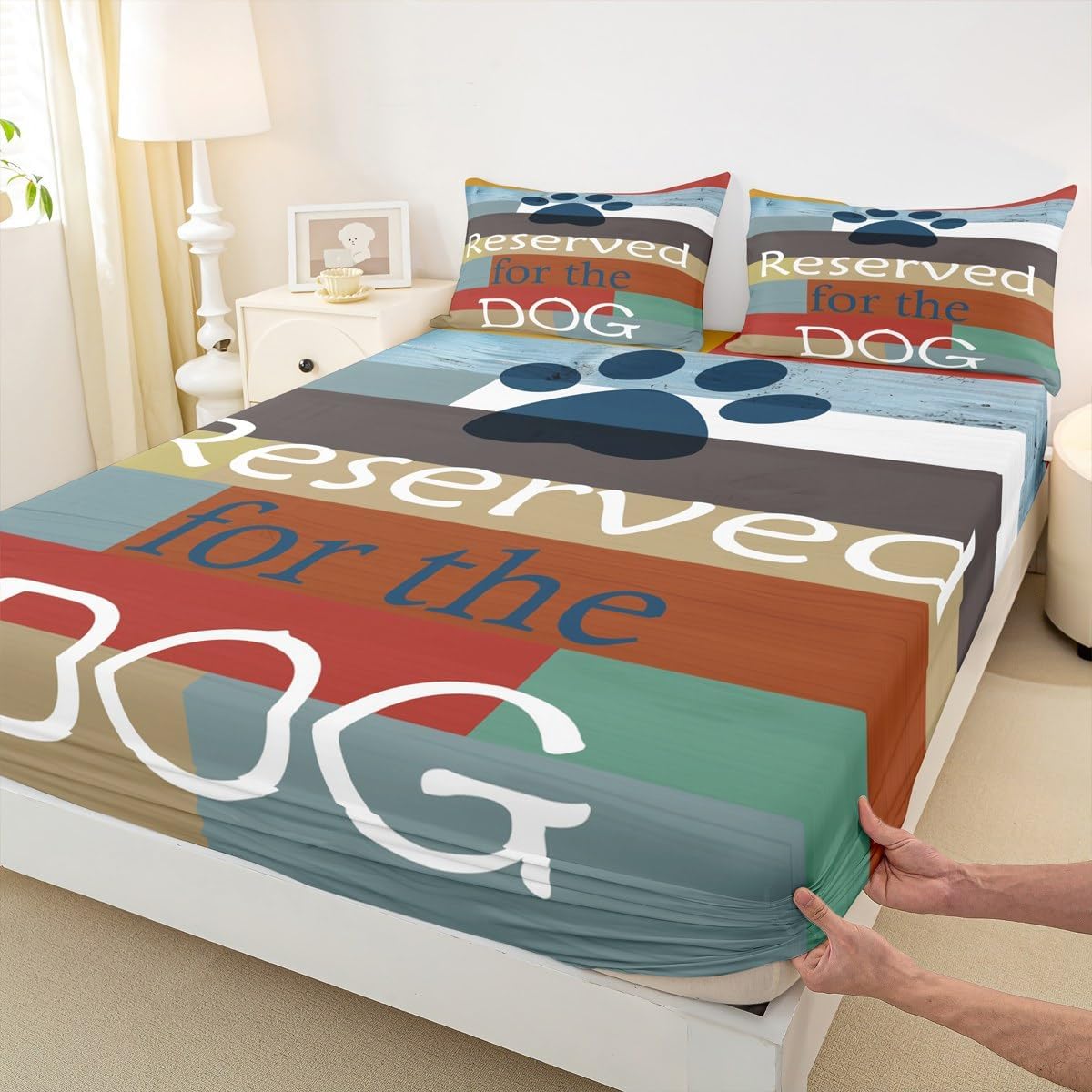 Cute Dog Paws Kids Fitted Sheet Queen Size,Watercolor Wooden Plank Rustic Bedding Set,Girls Boys Adults Bedroom Decor,Animals Pets Lovely Bed Cover,Colorful Fashion Bed Sheet,2 Pillowcases