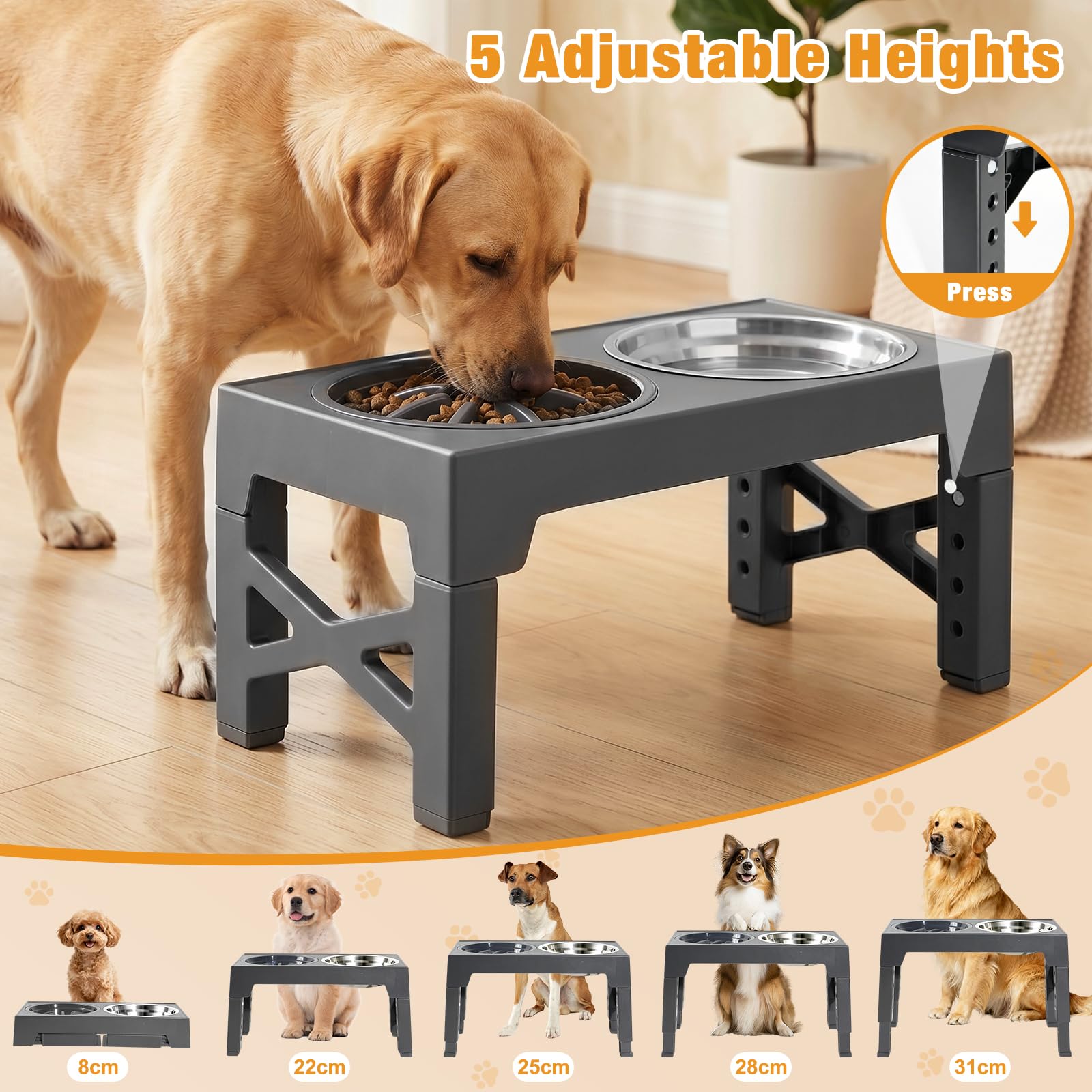 Erhöhter Hundenapf – 5 Stufen Höhenverstellbar, Futterstation mit 2X 1200ml Edelstahlschüsseln & 1 Slow-Feeder-Napf, rutschfest, klappbar, für kleine bis große Hunde, Grau