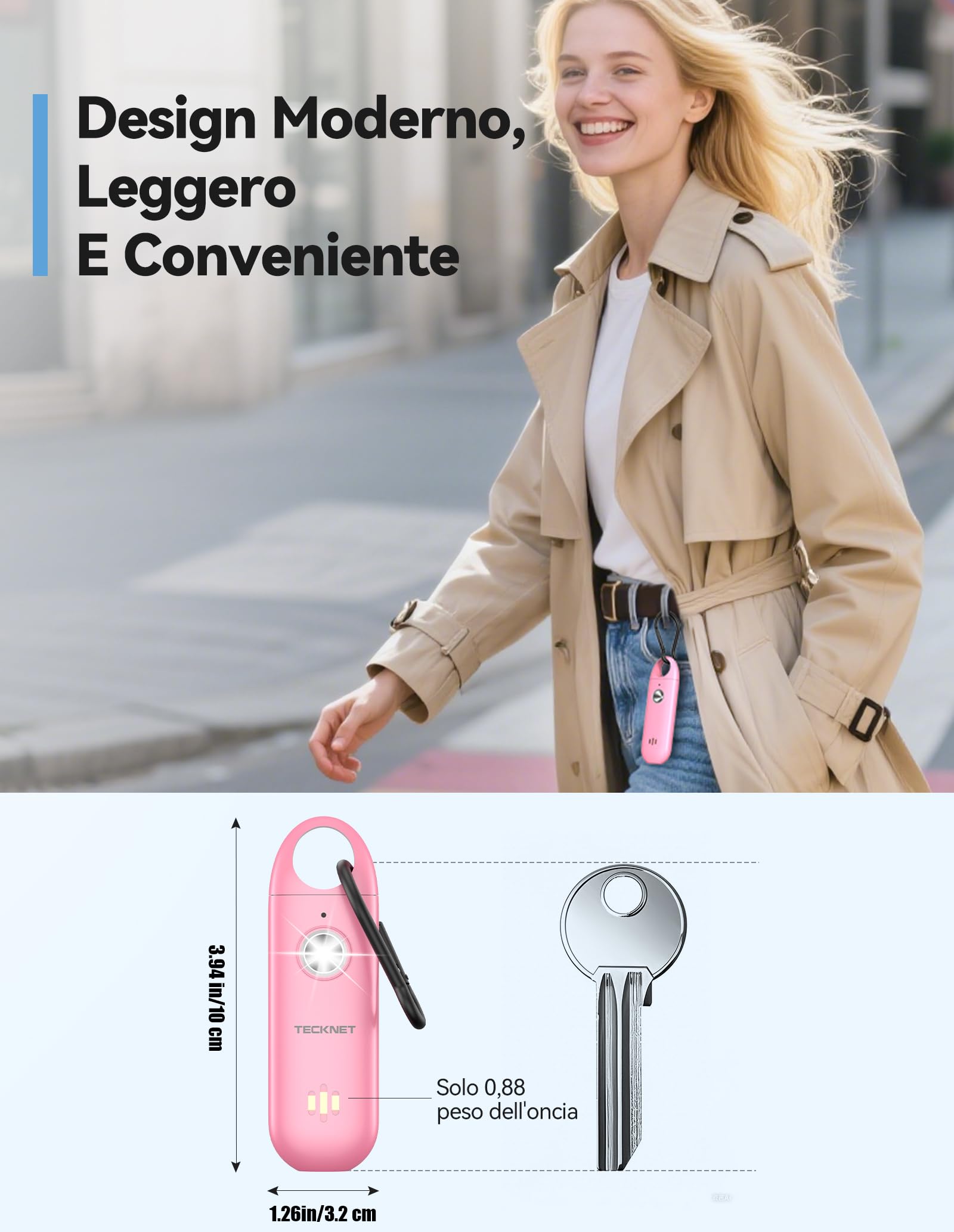 TECKNET Allarme Personale da Donna, Allarme Tascabile con Sirena da 130 dB e Luce di Segnalazione a LED, Autodifesa Ricaricabile USB Type-C, Allarme Personale per Bambini, Anziani