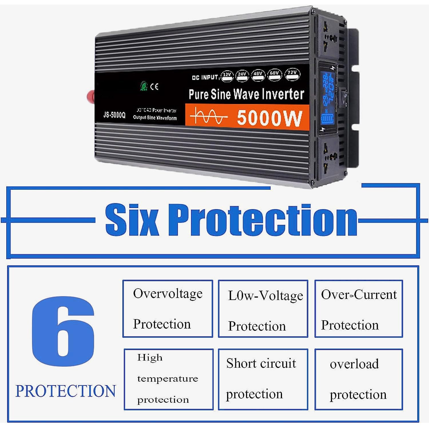 Inverter A Onda Sinusoidale Pura da 3000W 4000W 5000W 6000W per Auto da CC 12V 24V 48V 60V 72 V A CA 110V 120V/220V - 240V, Adatto per Abitazioni, Auto E Camper(3000W,60V to 110V)