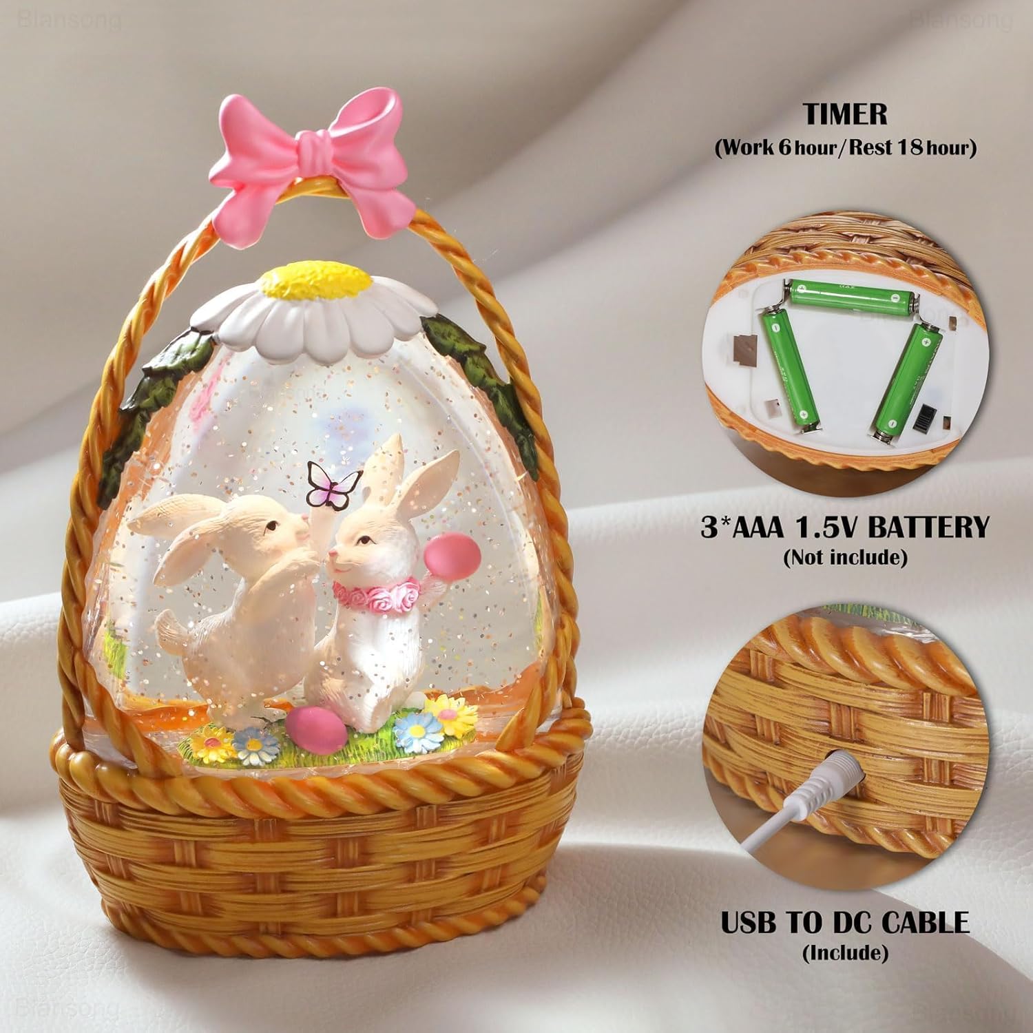 Easter Snow Globe Bunny Snow Globe Basket with Timer, USB and Battery Powered, Easter Decorations for Home Eggs Basket