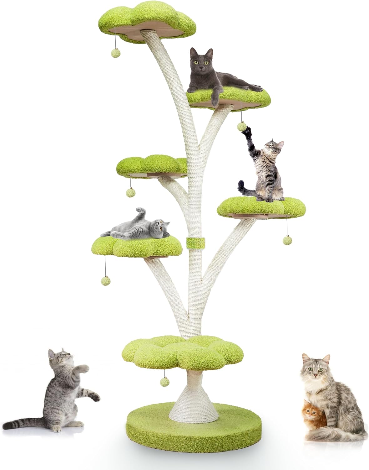 FKWin 71 Inch Tall Cat Tree, Flower Shape Scratching Post, Cat Scratcher, Cat Furniture for Indoor Cats, Kittens Pet House, Cat Bed with Hang Ball, Plush Cat Tower for Large and Small Cats(Gray)