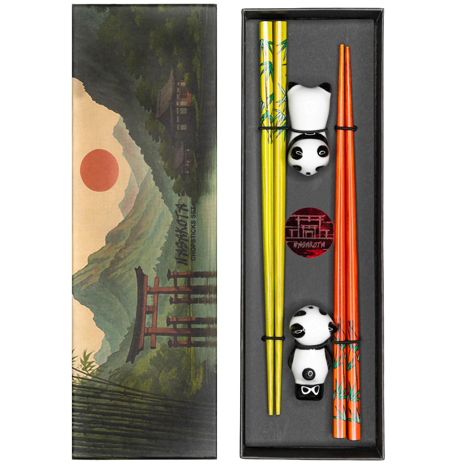 Nasakota Reusable Bamboo Chopsticks with Ceramic Panda Rests Wooden Chop Sticks for Sushi Ramen Noodles Rice (Nasakota)