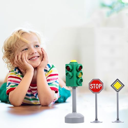 Miniatura 5 de TOYANDONA Juego de señales de tráfico multicolor, luz de carretera, parada de tráfico, fabricante de tráfico, juguete de señal de cruce peatonal