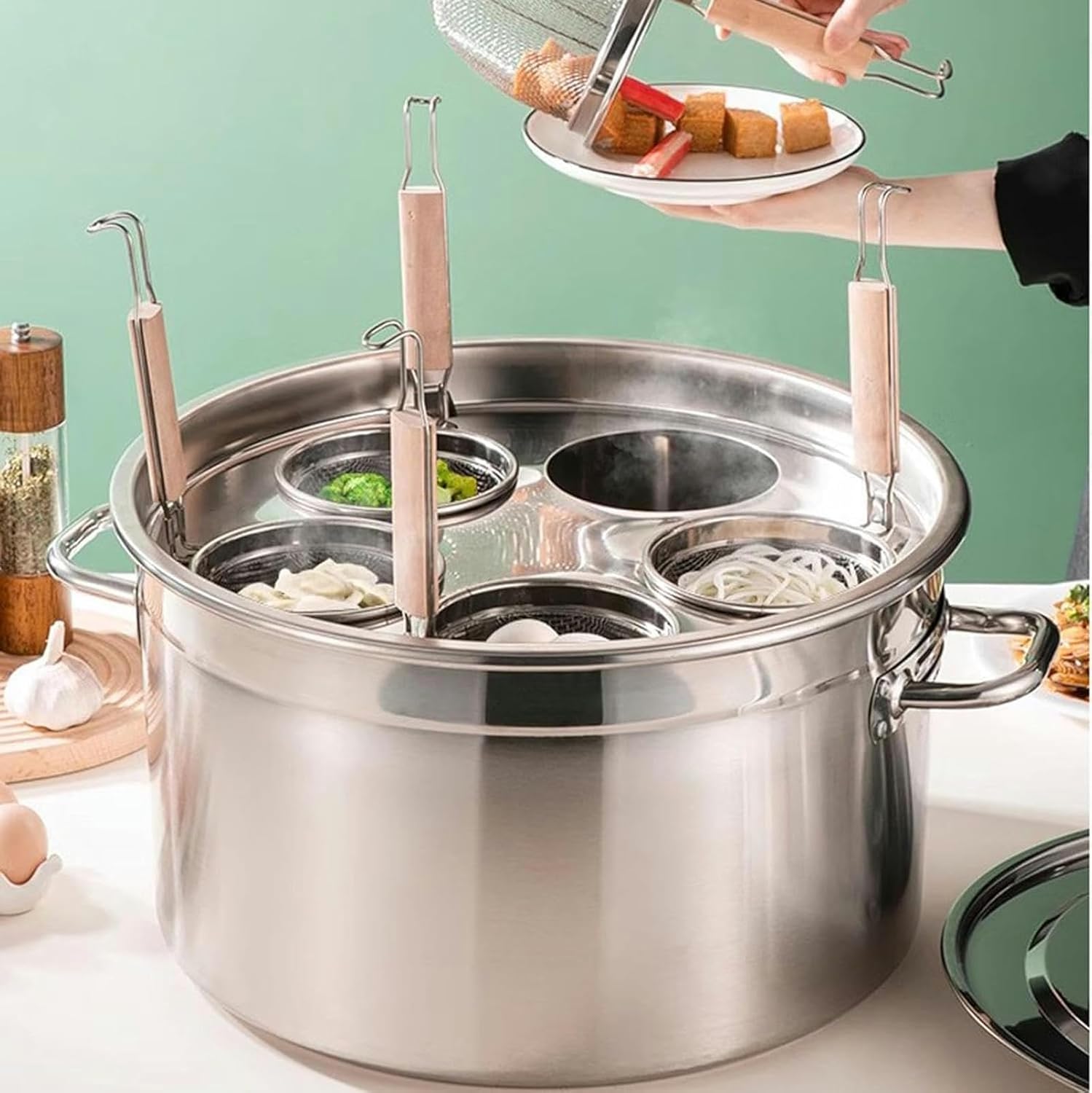 Cooking Pots,5 Holes Pasta Cooker Set with Insert Strainer Basket, Stainless Steel Pasta Pot Home Kitchen Stockpots Steamer Pot, Pasta Cooking Cookware
