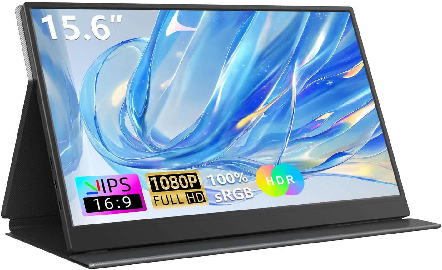 Portable Monitor 15.6" 1080P FHD USB-C HDMI, Ultra-Slim IPS Gaming Display, HDR Plug & Play, Premium Smart Cover & Screen Protector, Dual Speakers, Extended Monitor for Laptop PC MAC PS4 Xbox