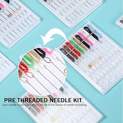 Miniatura 4 de MTLEE 14 cajas de 140 piezas mini kit de costura de fijación rápida fácil preroscado, kit de costura personal básico soporte de aguja roscada de