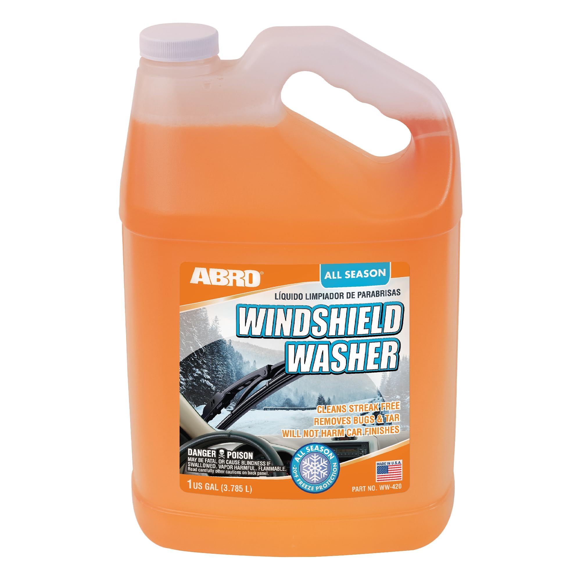 ABRO Car Windshield Washer Fluid: 1 Gallon, All Season/Weather Vehicle Window Cleaner | Streak-Free Clean | Bug and Tar Remover for Cars 128 Fl Oz (Pack of 1) All Season
