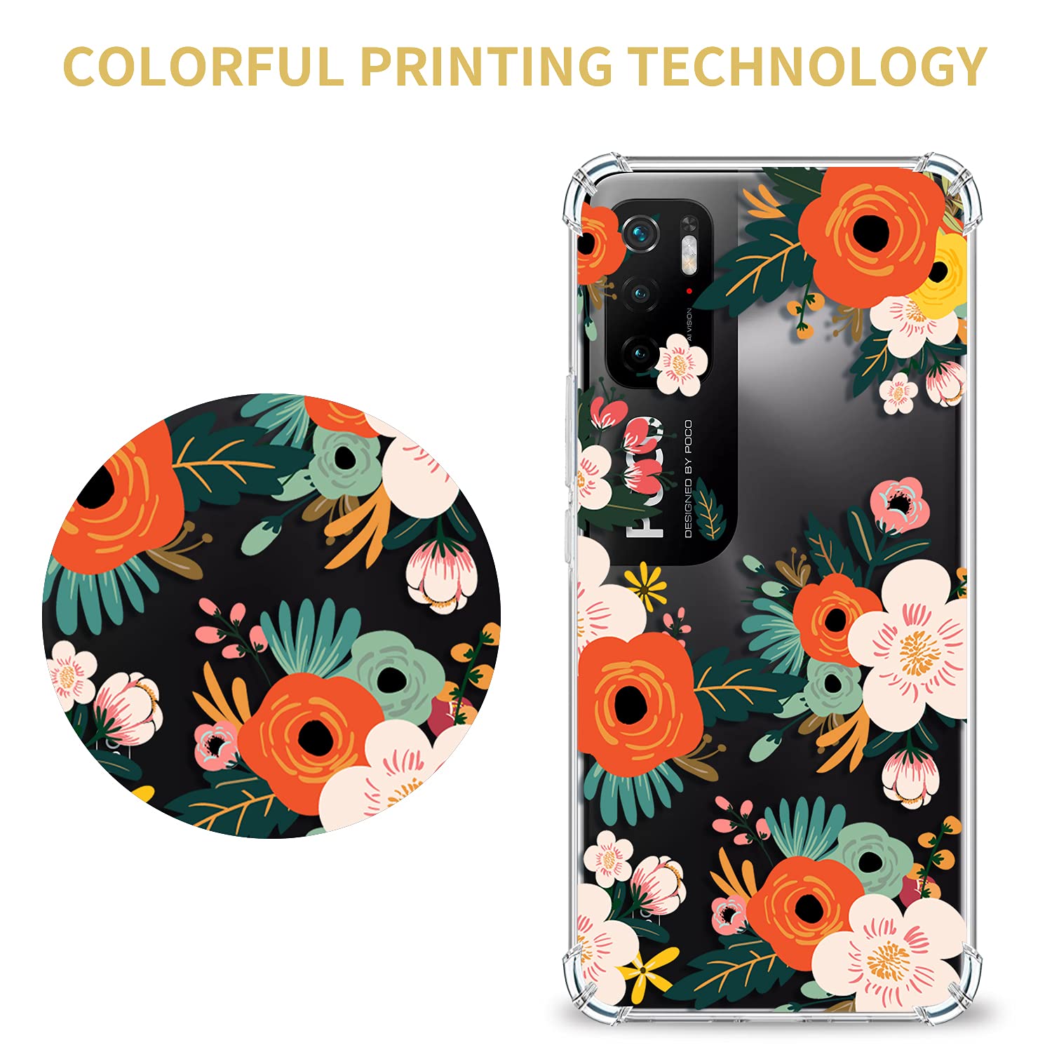 Cover Floreale Per Xiaomi Redmi Note 10 5G / Poco M3 Pro 5G – TPU Trasparente Con Stampa, Angoli Rinforzati + 2 Vetri Temperati – Rosa/Azzurro