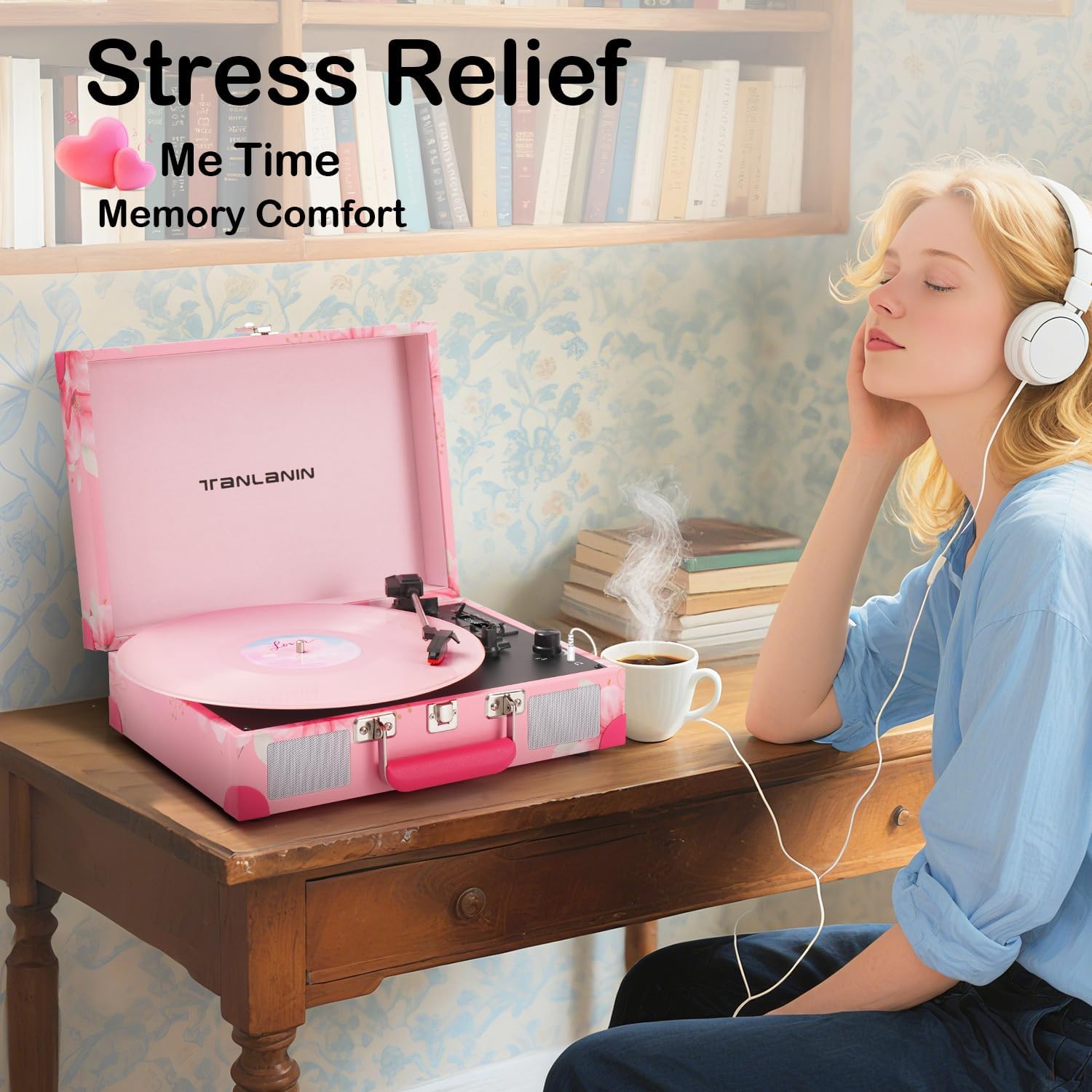 Vinyl Record Player with Bluetooth, Portable Suitcase Record Players, 3 Speed Turntable Vinyl Player with USB/TF Recording, EQ Modes, Built-in Speakers, AUX/RCA/Headphone Jack, Pink Floral